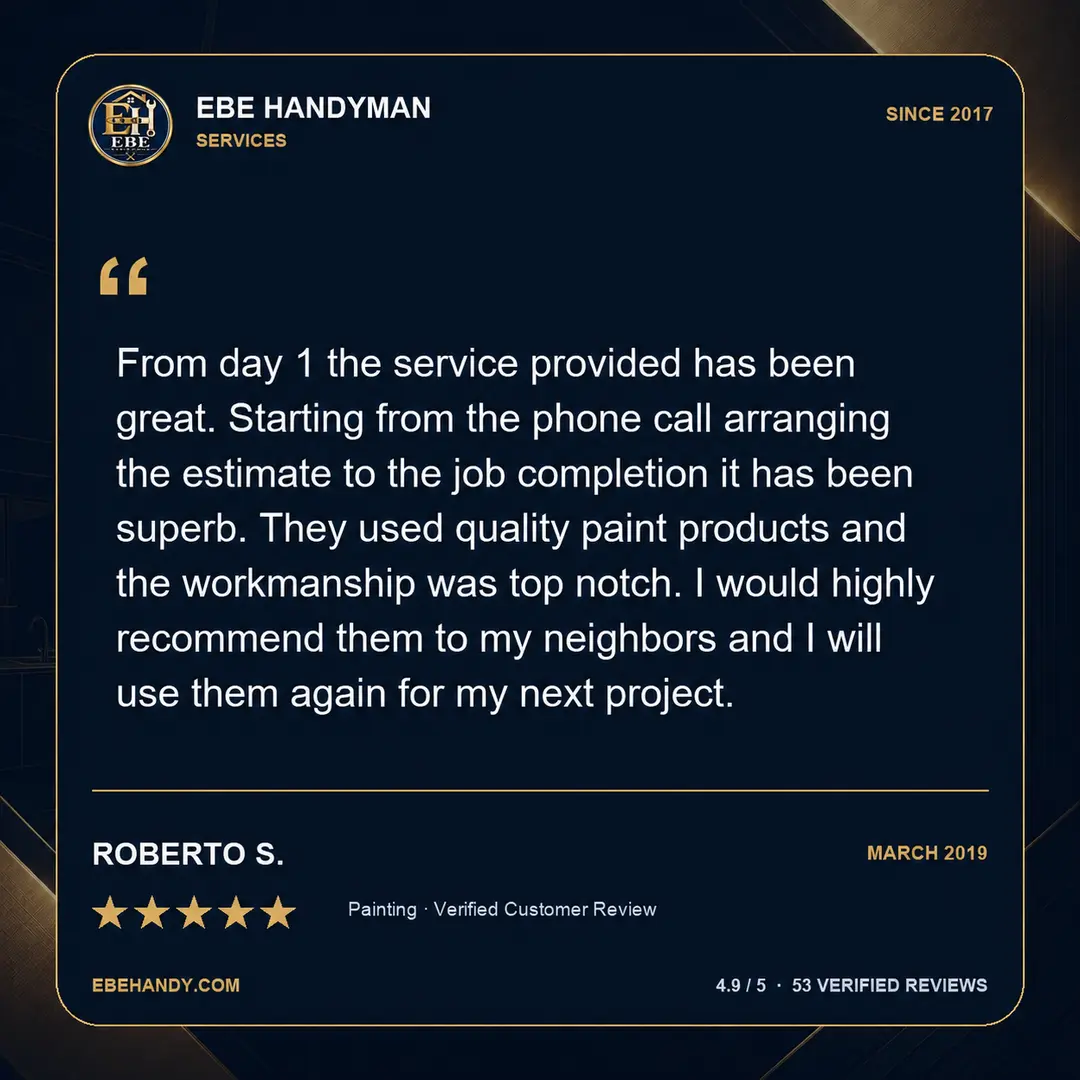 Five-star verified customer review from Roberto S. documenting service in 2019